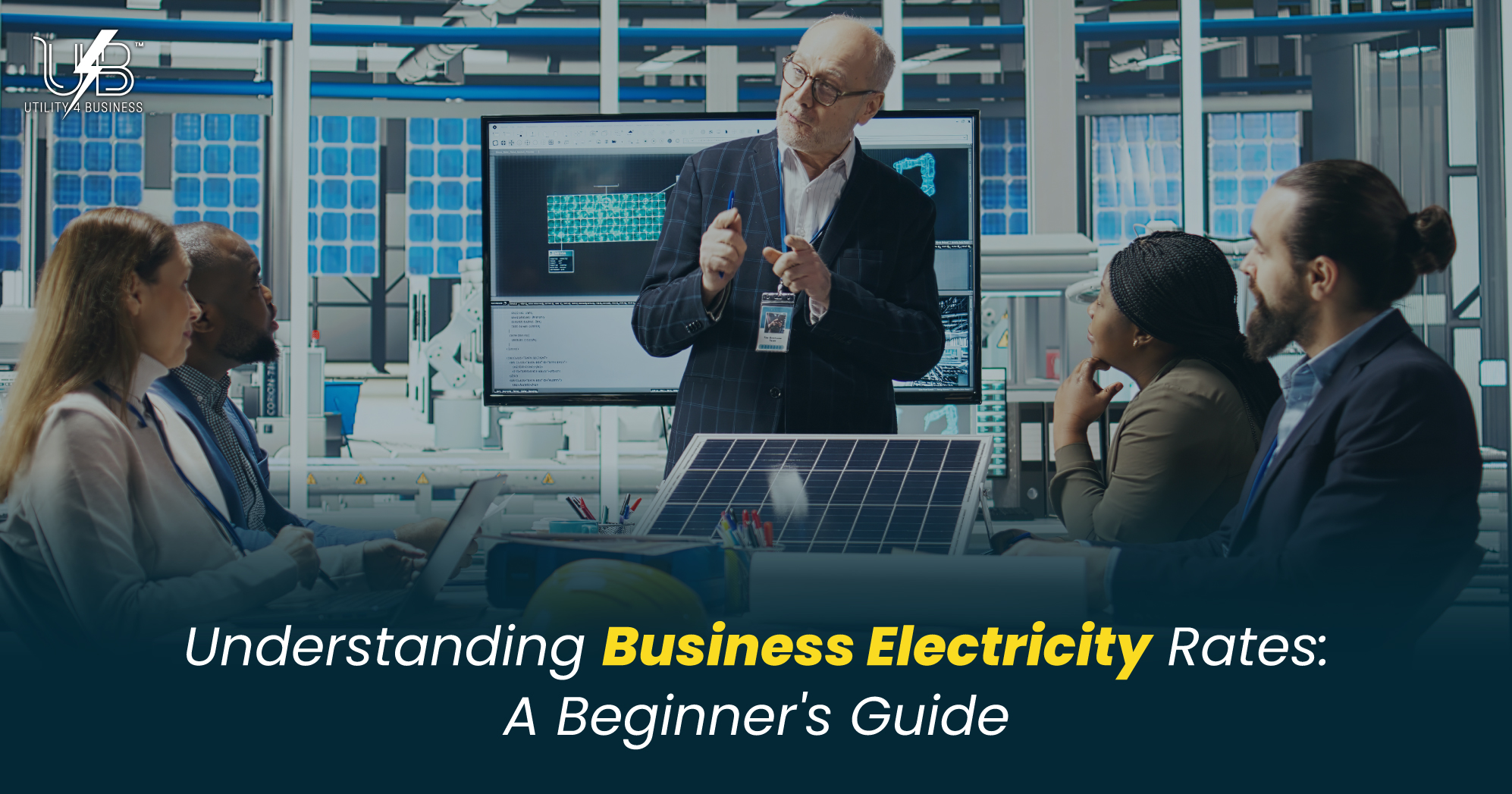 Energy consultant explains business electricity rates and solar solutions to diverse team in modern office setting